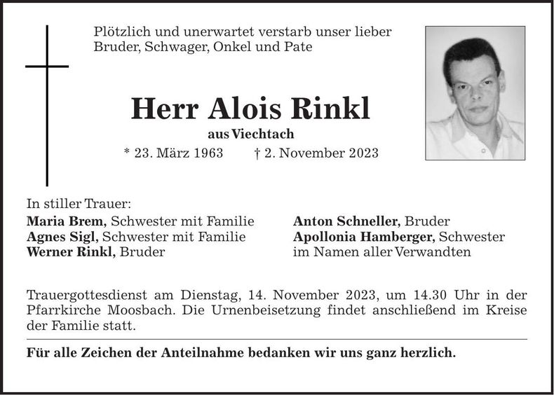 Traueranzeige Alois Rinkl