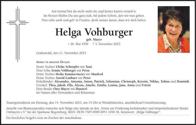 Traueranzeige Helga Vohburger