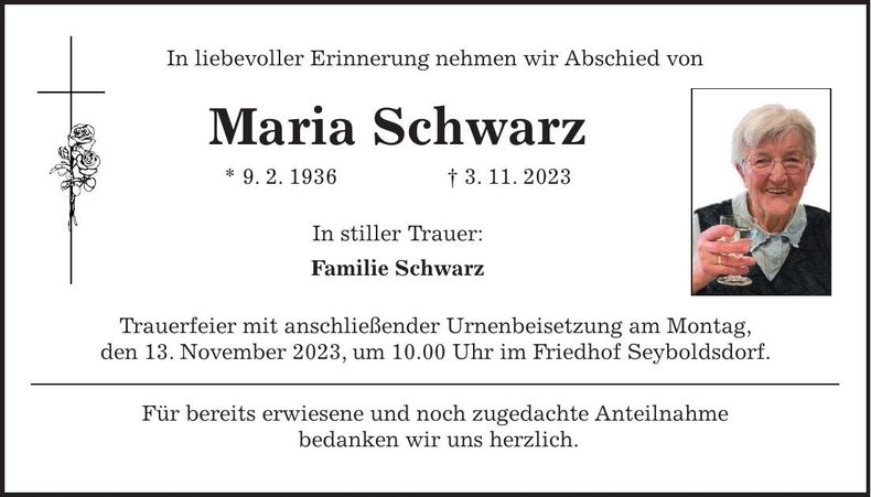 Traueranzeige Maria Schwarz