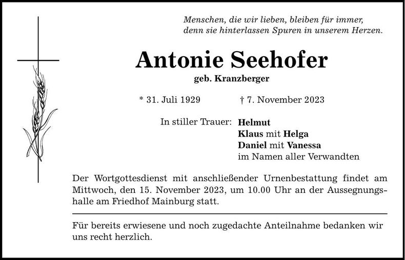 Traueranzeige Antonie Seehofer