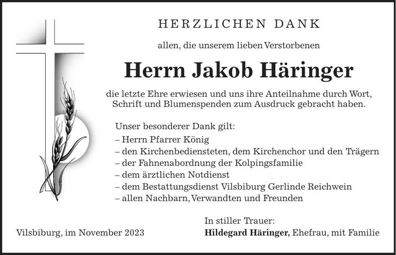 Traueranzeige Jakob Häringer