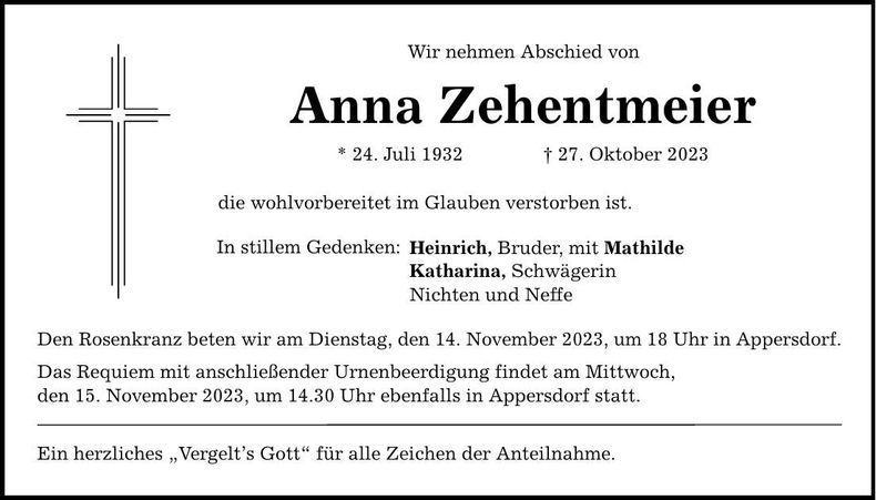 Traueranzeige Anna Zehentmeier