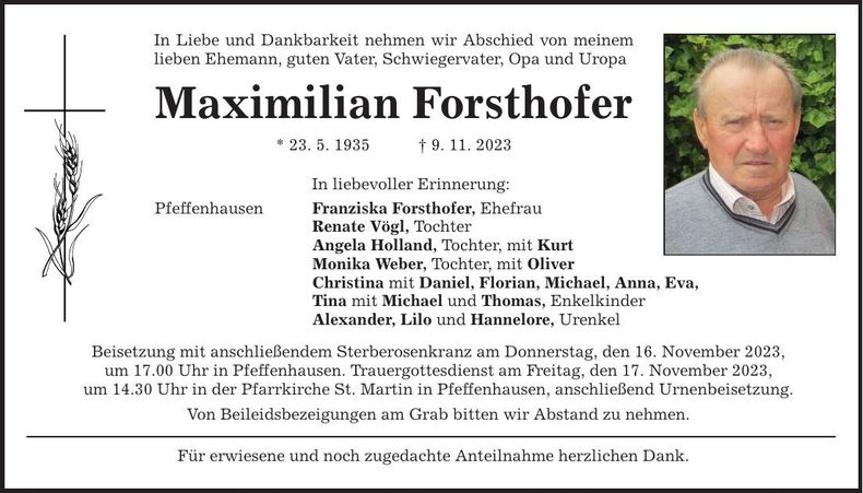 Traueranzeige Maximilian Forsthofer