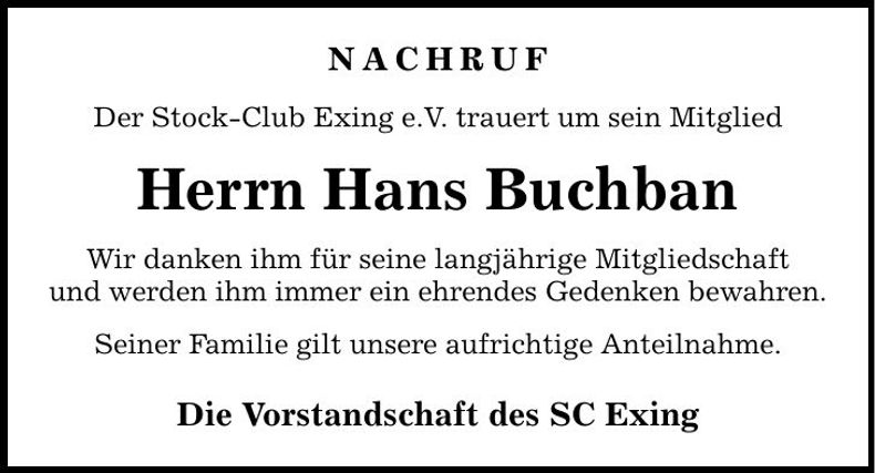 Traueranzeige Hans Buchban