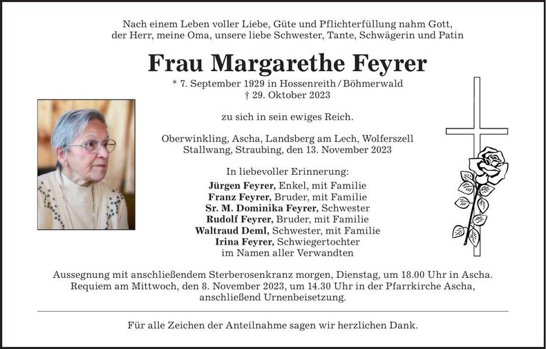 Traueranzeige Margarethe Feyrer