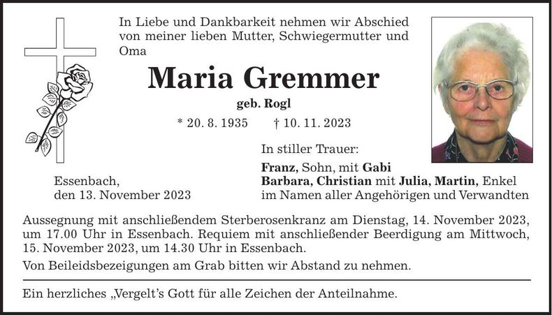Traueranzeige Maria Gremmer