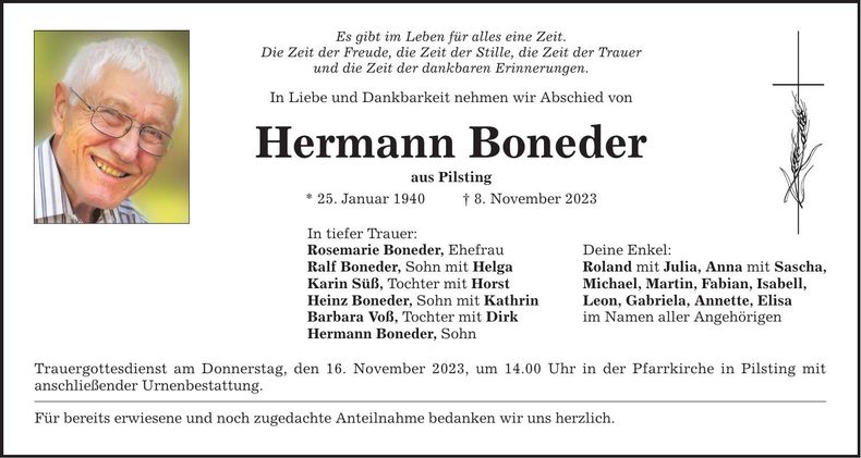 Traueranzeige Hermann Boneder