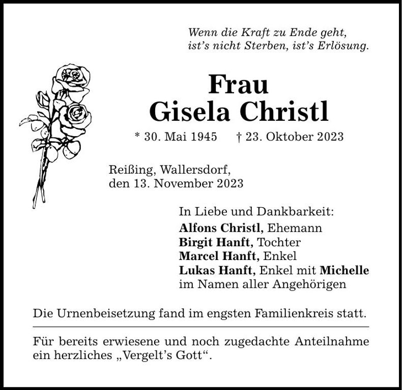 Traueranzeige Gisela Christl