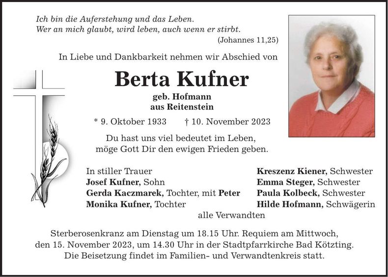 Traueranzeige Berta Kufner