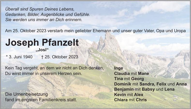 Traueranzeige Joseph Pfanzelt