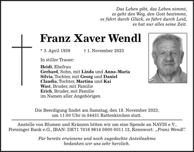 Traueranzeige Franz Xaver Wendl