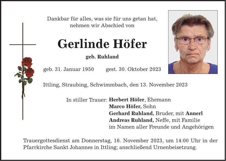 Traueranzeige Gerlinde Höfer