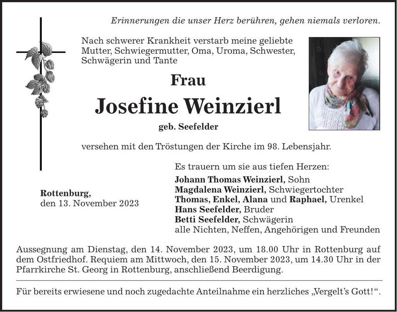 Traueranzeige Josefine Weinzierl