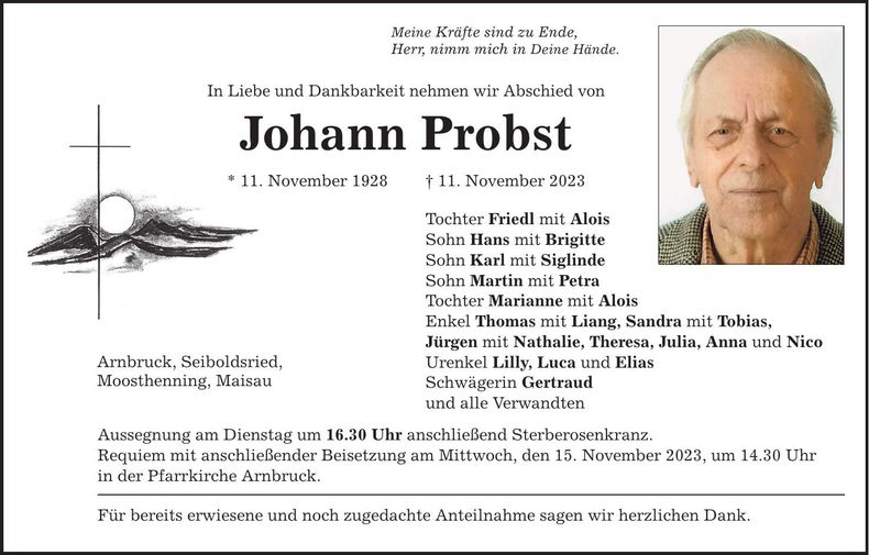 Traueranzeige Johann Probst