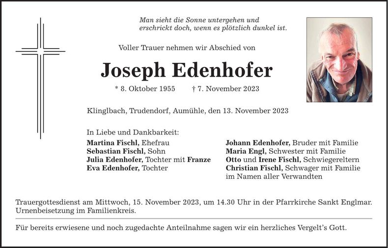 Traueranzeige Edenhofer Joseph