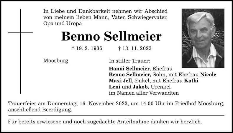 Traueranzeige Benno Sellmeier