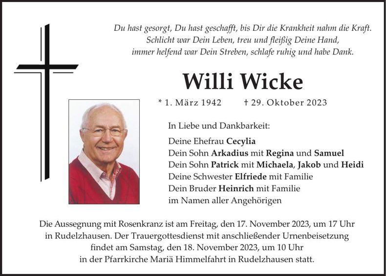 Traueranzeige Willi Wicke