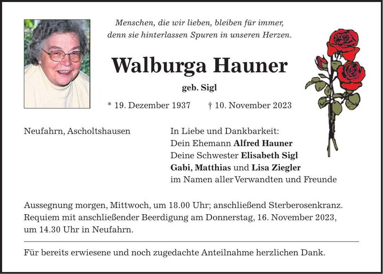 Traueranzeige Walburga Hauner