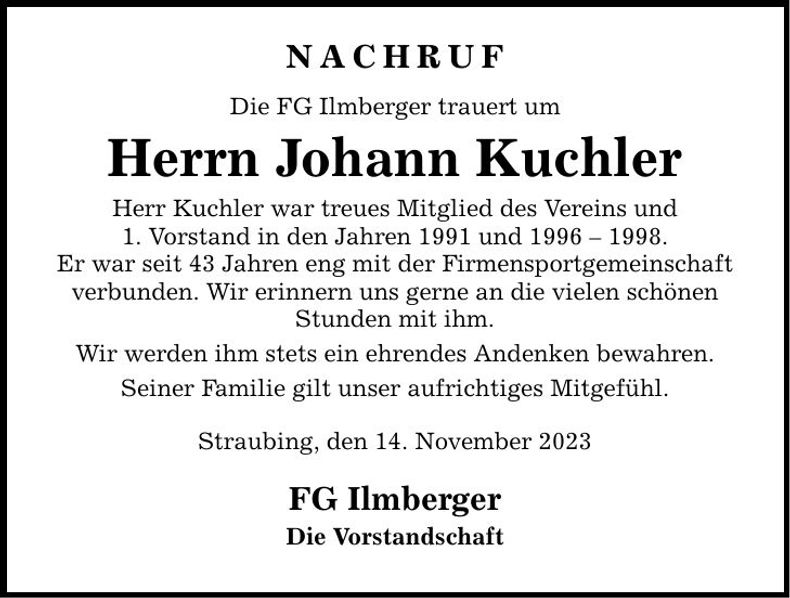 Traueranzeige Johann Kuchler
