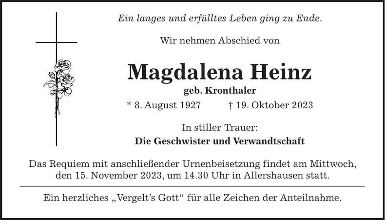 Traueranzeige Magdalena Heinz