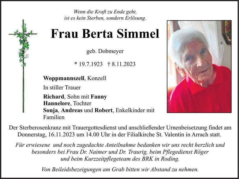 Traueranzeige Berta Simmel