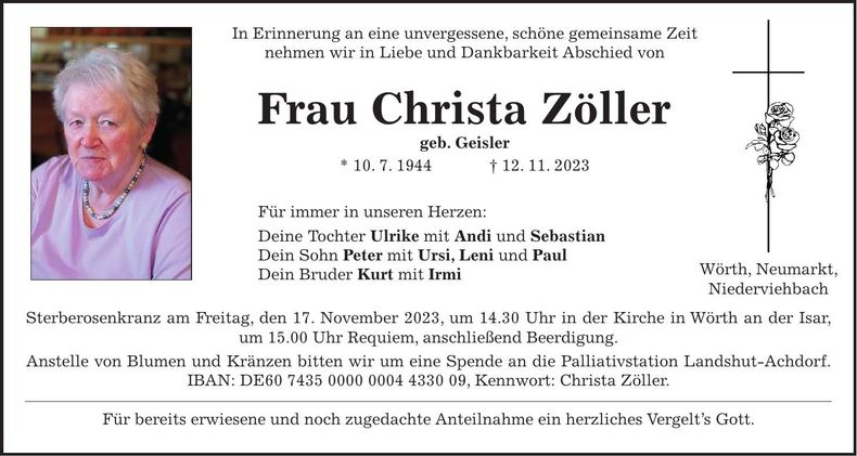 Traueranzeige Christa Zöller