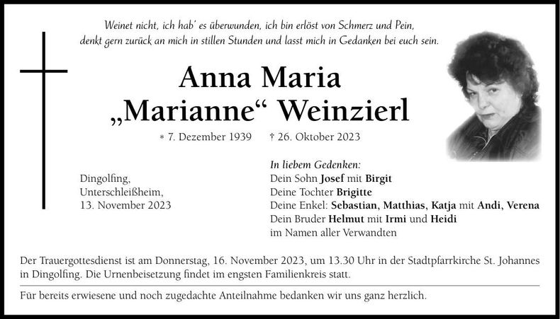 Traueranzeige Anna Maria Weinzierl