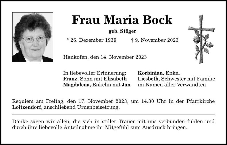 Traueranzeige Maria Bock