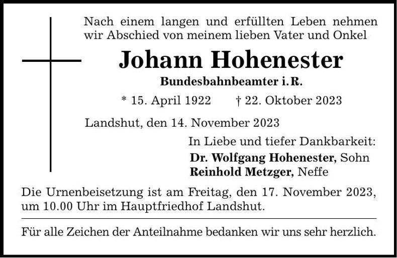 Traueranzeige Johann Hohenester
