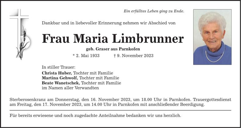 Traueranzeige Maria Limbrunner