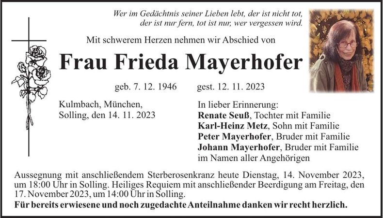 Traueranzeige Frieda Mayerhofer