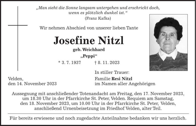 Traueranzeige Josef Nitzl
