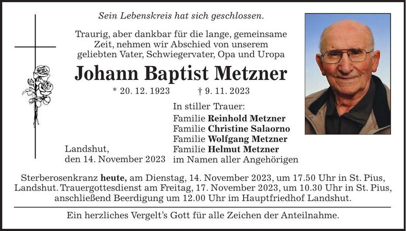 Traueranzeige Johann Baptist Metzner
