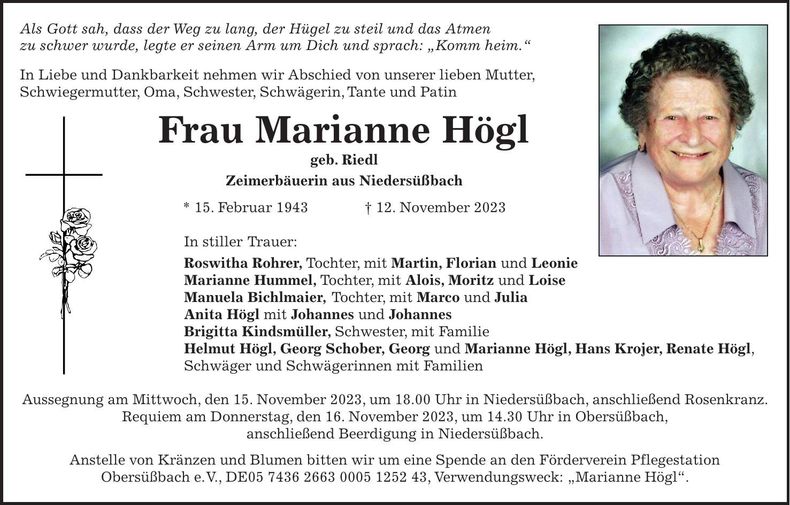 Traueranzeige Marianne Högl