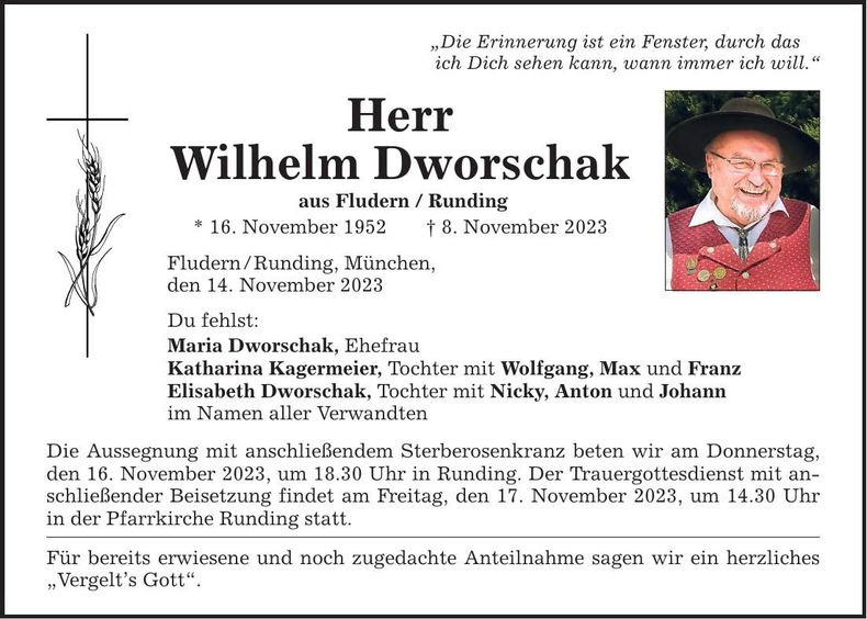 Traueranzeige Wilhelm Dworschak