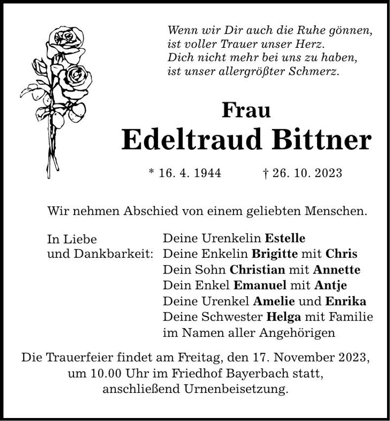 Traueranzeige Edeltraud Bittner