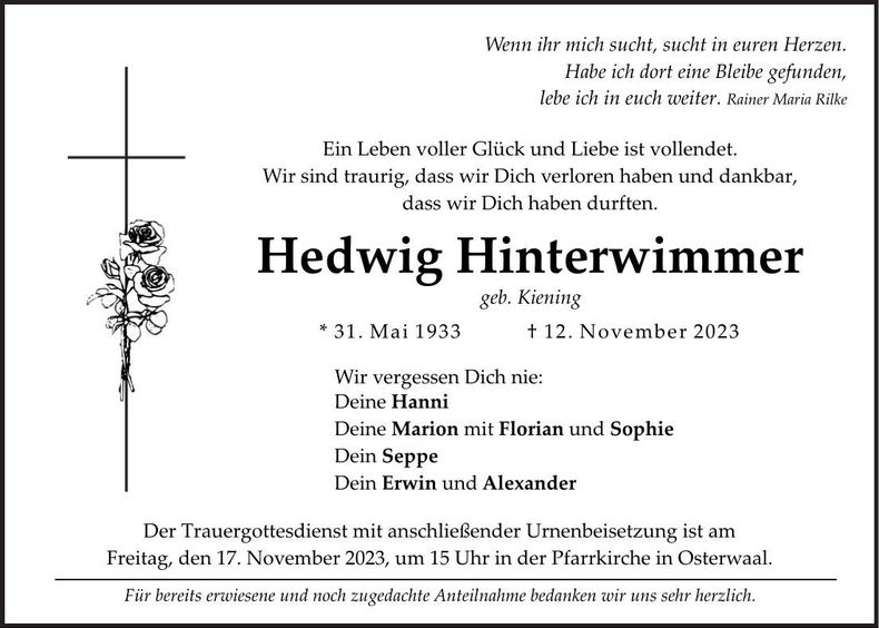 Traueranzeige Hedwig Hinterwimmer