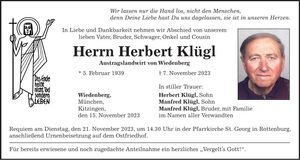 Traueranzeige Herbert Klügl