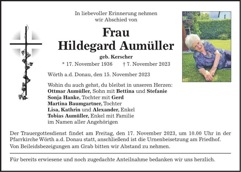 Traueranzeige Hildegard Aumüller