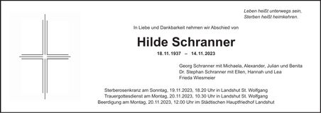 Traueranzeige Hilde Schranner
