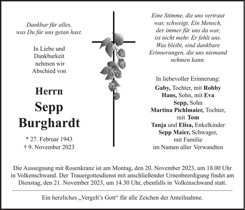 Traueranzeige Sepp Burghardt
