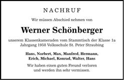 Traueranzeige Werner Schönberger