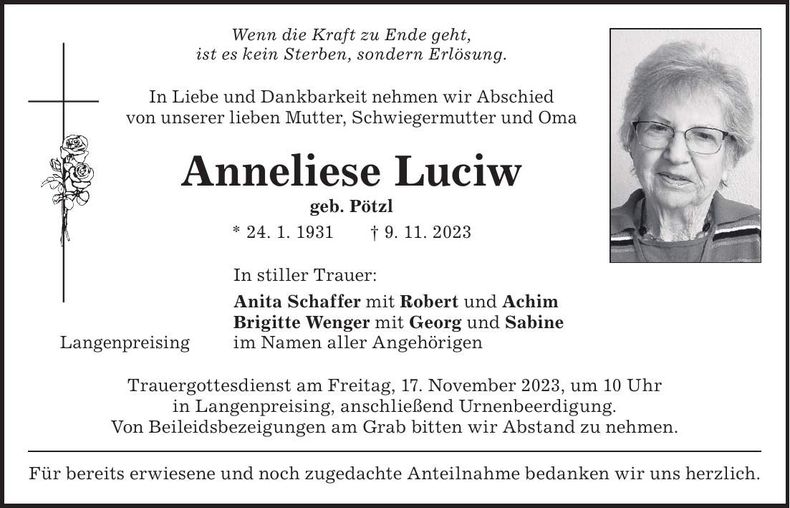Traueranzeige Anneliese Luciw