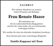 Traueranzeige Renate Haase