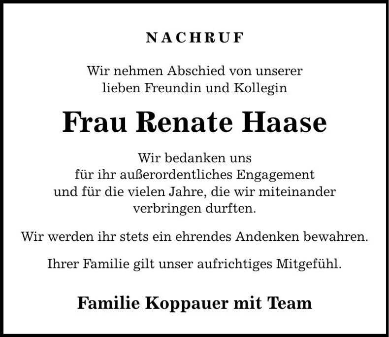 Traueranzeige Renate Haase