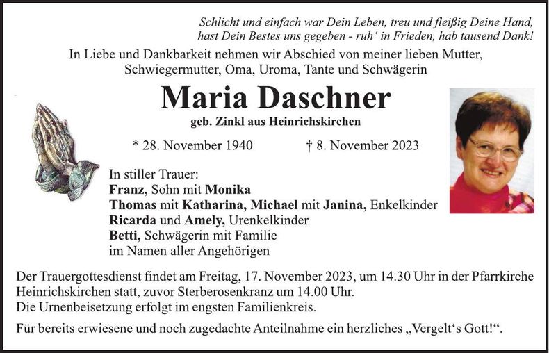 Traueranzeige Maria Daschner