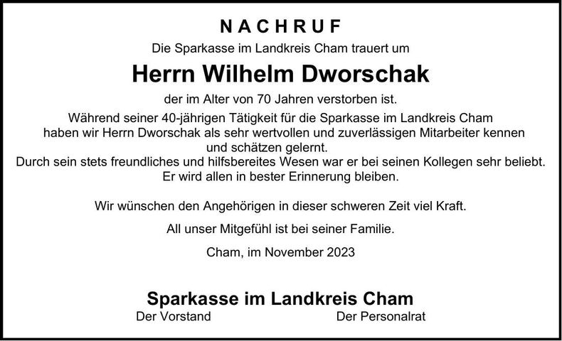 Traueranzeige Wilhelm Dworschak