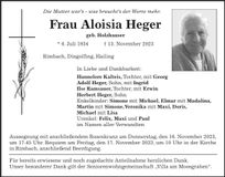 Traueranzeige Aloisia Heger