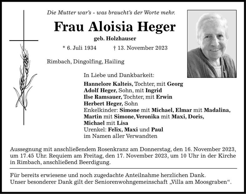 Traueranzeige Aloisia Heger