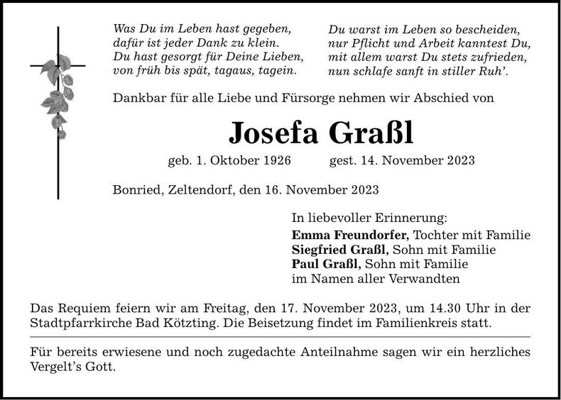 Traueranzeige Josefa Graßl